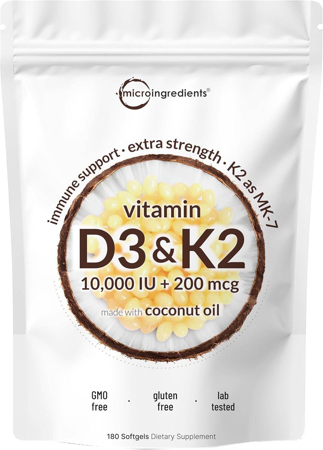 Micro Ingredients Vitamin D3 10,000 IU + K2 MK-7 200 mcg, 300 Softgels with Virgin Coconut Oil