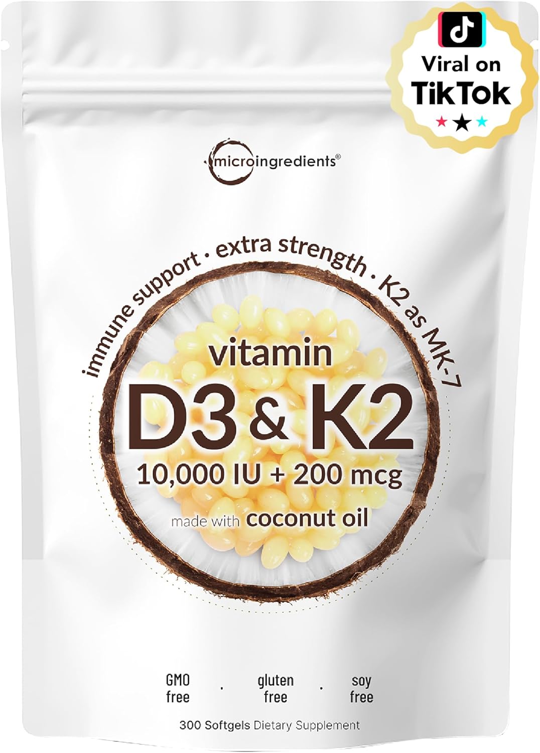 Micro Ingredients Vitamin D3 10,000 IU + K2 MK-7 200 mcg, 300 Softgels with Virgin Coconut Oil