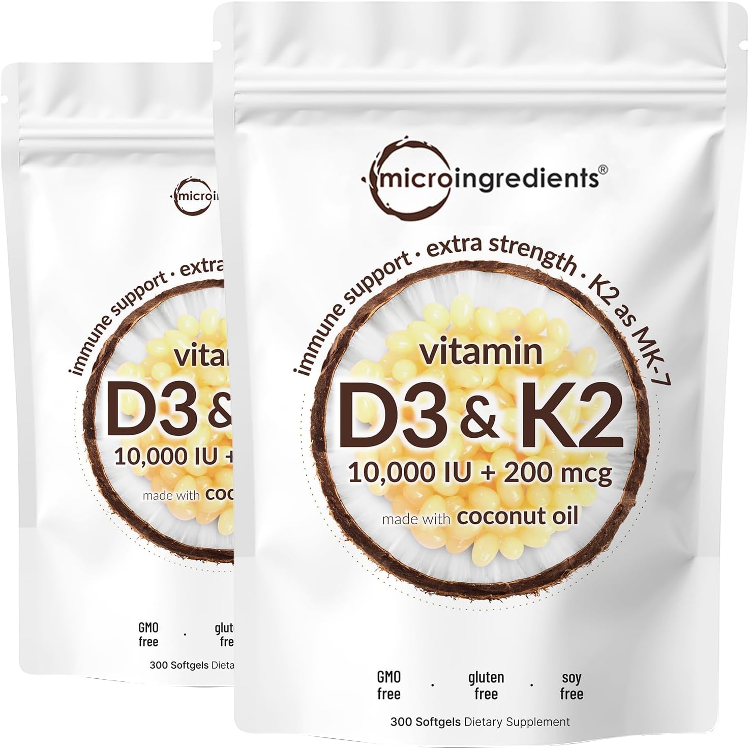 Micro Ingredients Vitamin D3 10,000 IU + K2 MK-7 200 mcg, 300 Softgels with Virgin Coconut Oil