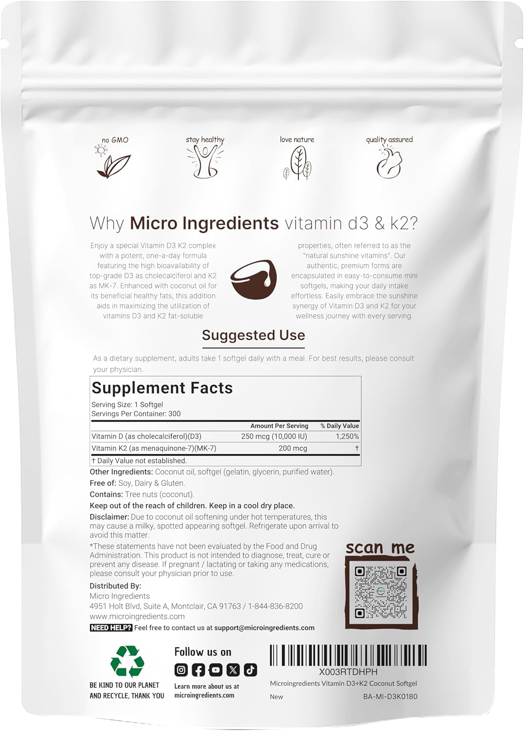 Micro Ingredients Vitamin D3 10,000 IU + K2 MK-7 200 mcg, 300 Softgels with Virgin Coconut Oil