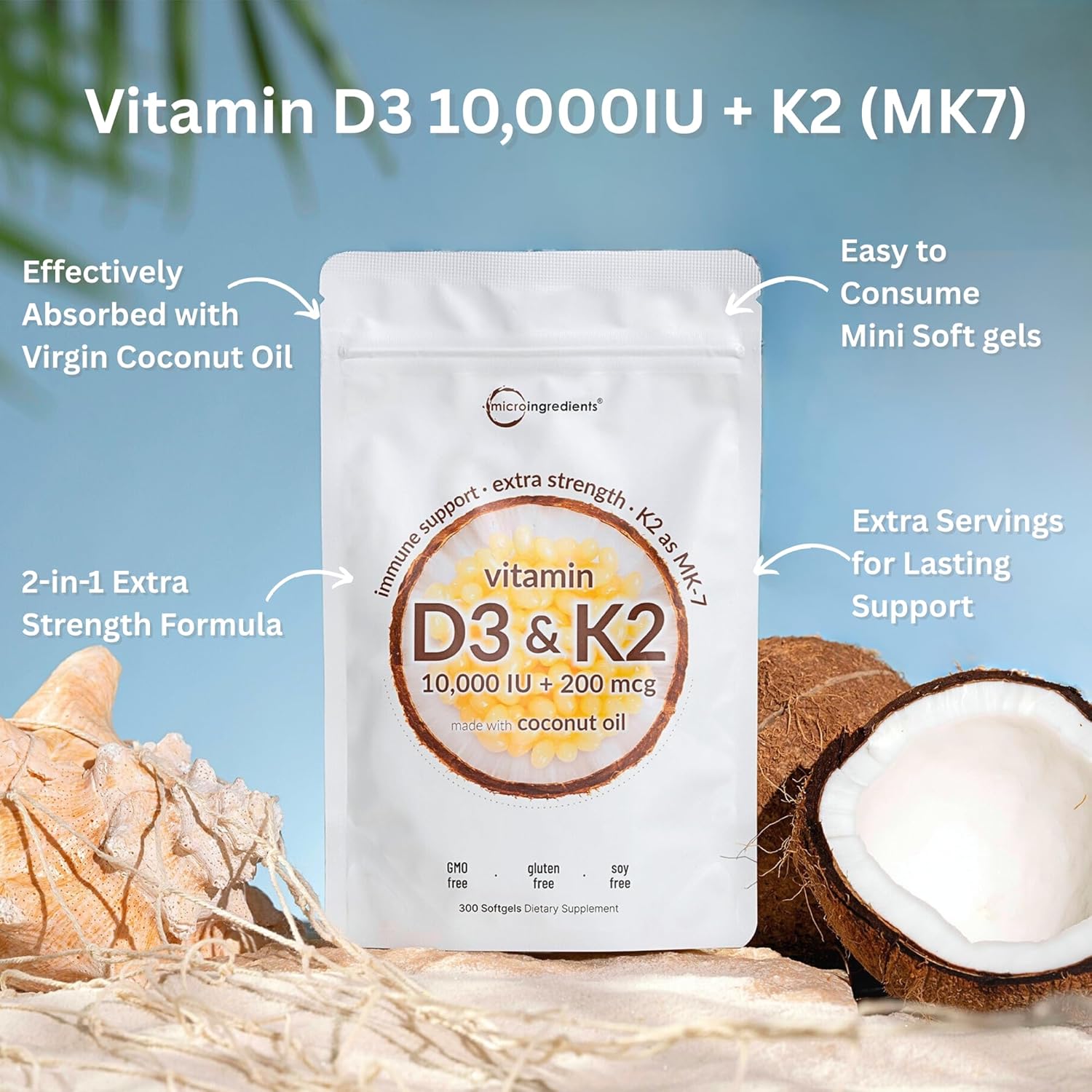 Micro Ingredients Vitamin D3 10,000 IU + K2 MK-7 200 mcg, 300 Softgels with Virgin Coconut Oil